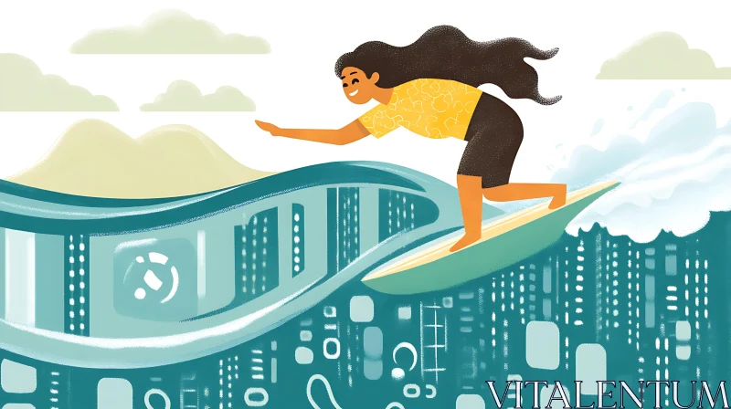 Woman Surfing Over Urban Waves