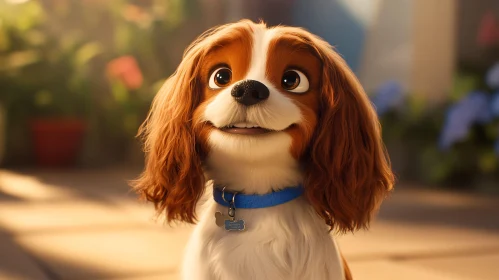 Adorable Cartoon Dog in Garden Setting