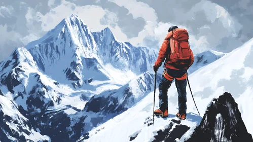 Mountain Climber Illustration with Snowy Peaks