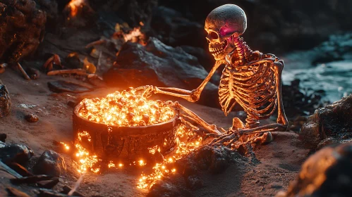 Eerie Skeleton by a Fire Pot