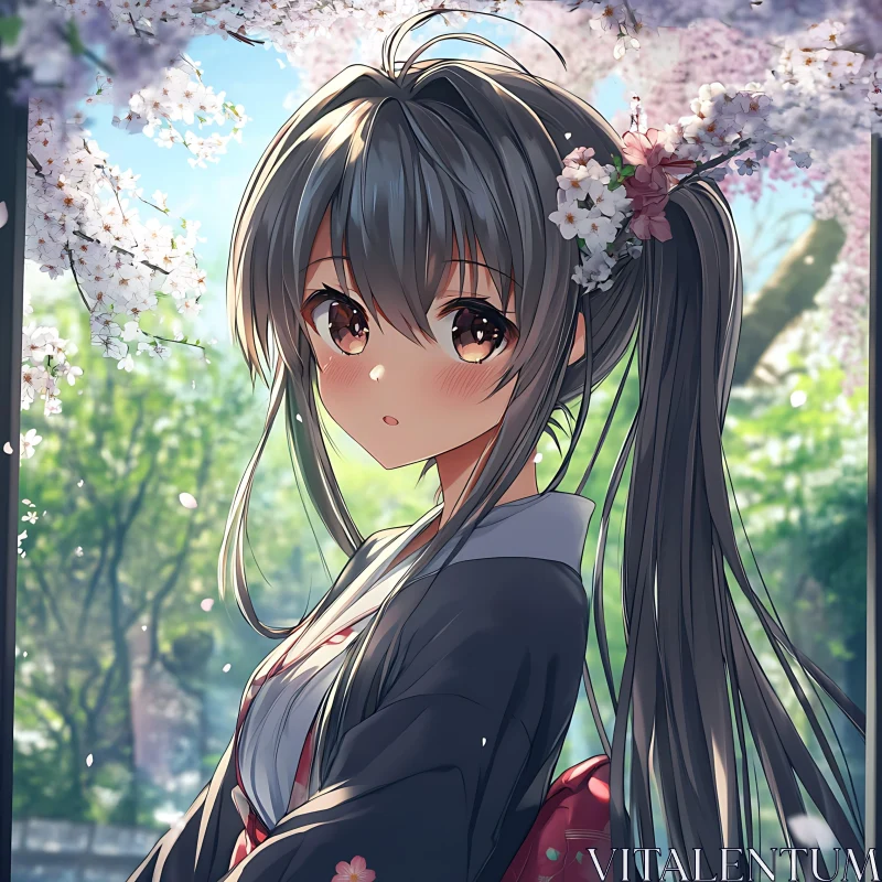 Serene Anime Girl with Cherry Blossoms in Spring Garden
