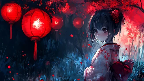 Enchanting Anime Portrait with Red Lanterns