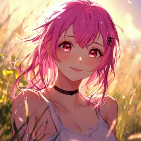 Sunlit Anime Girl with Pink Hair