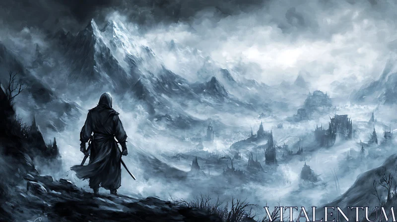 Lone Warrior Amidst Foggy Peaks