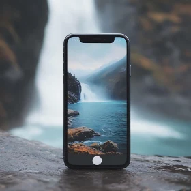 Phone Displaying Waterfall Landscape