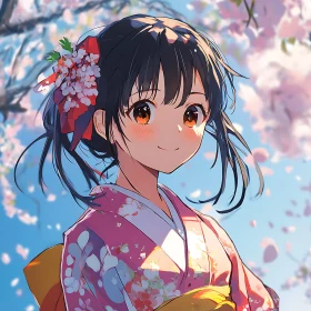 Smiling Anime Girl in Traditional Kimono