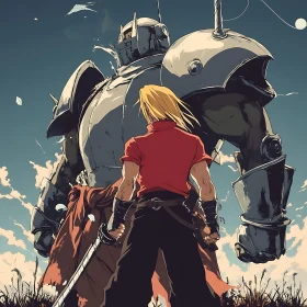 Anime Battle Scene with Armor and Sword