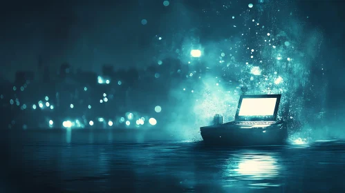 Glowing Laptop on Water at Night