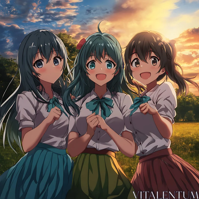 Vibrant Anime Sunset with Happy Friends