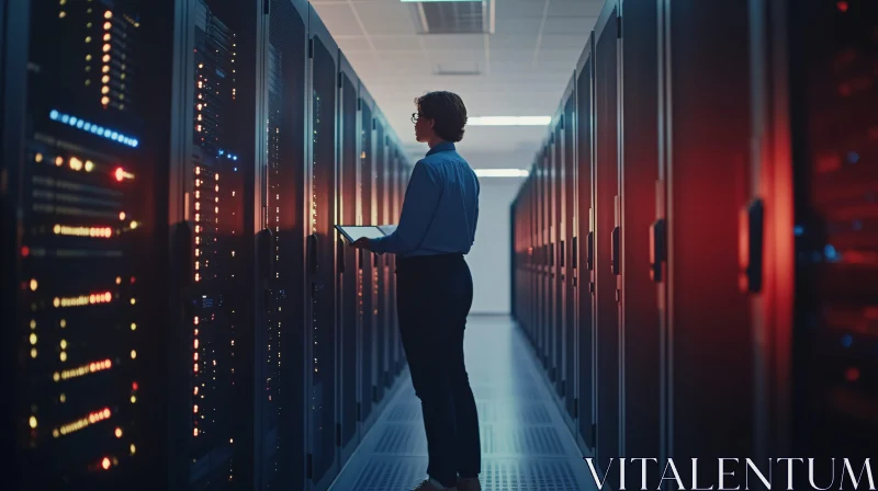 Data Center Technician Inspecting Servers