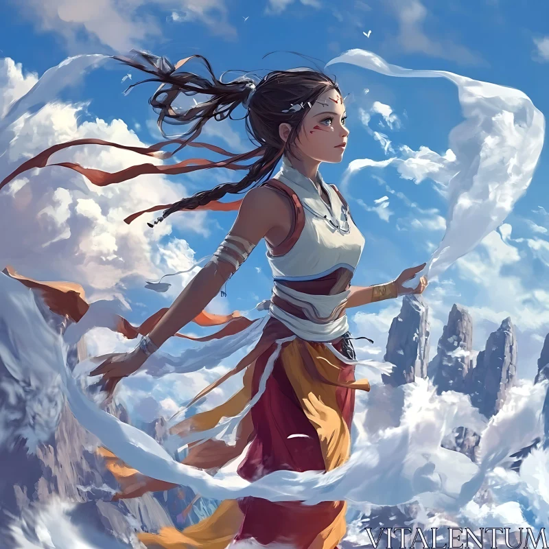 Adventurous Woman in a Windy Mountain Scene