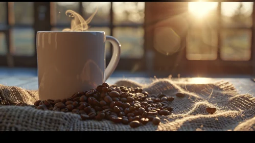 Coffee Cup and Beans in Sunlight