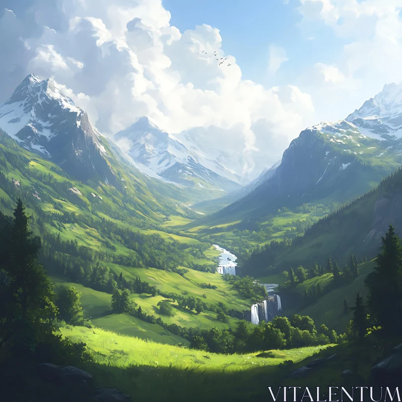 Lush Green Valley Surrounded by Mountains