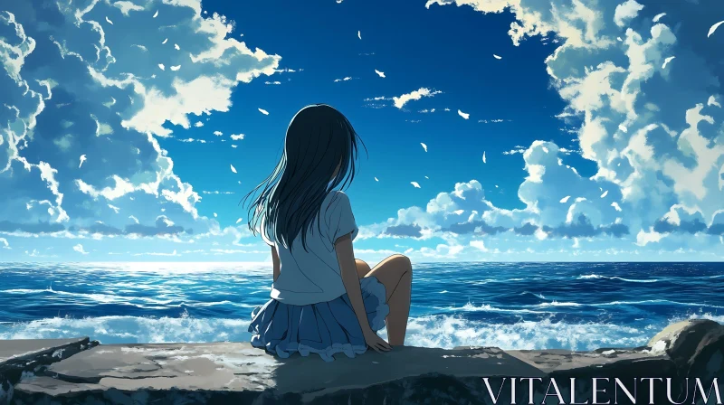 AI ART Peaceful Anime Girl Sitting by the Ocean