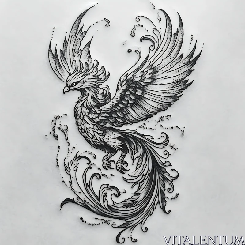 Monochrome Phoenix Art with Swirl Details AI Image