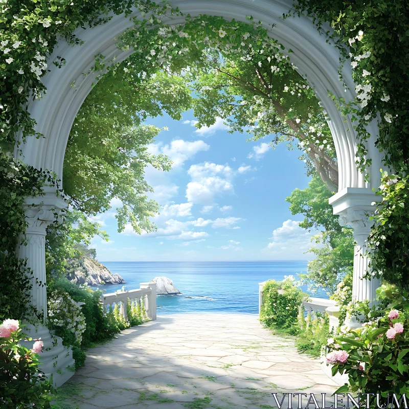 Scenic Sea View Through Flower Arch