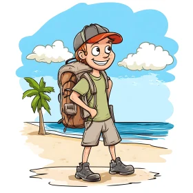 Cartoon Boy on Tropical Beach Trip