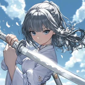 Anime Samurai Girl with Sword and Petals