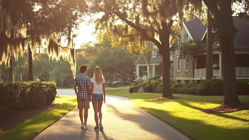 Golden Hour Romance: Couple Walking at Sunset