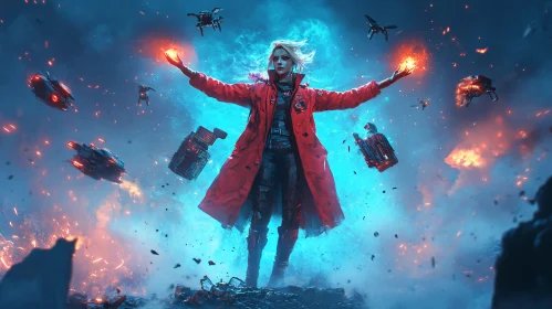 Sci-Fi Woman Commanding Drones with Magic