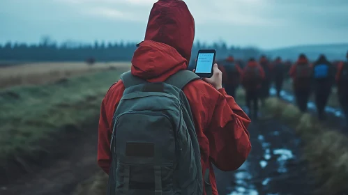 Hiker and Mobile Phone on Misty Path