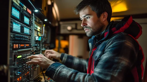 Man Adjusting Sound System