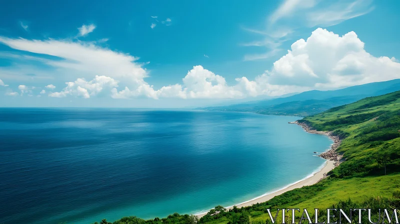 Coastal Tranquility: Azure Waters and Verdant Slopes AI Image