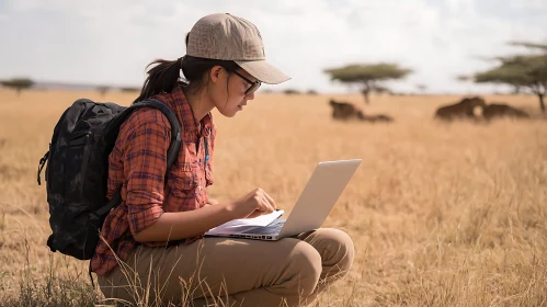 Woman Working on Laptop in the Field