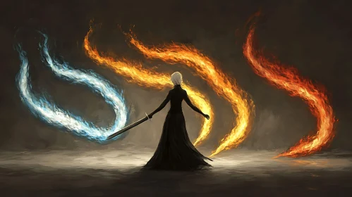 Figure with Sword and Elemental Flames