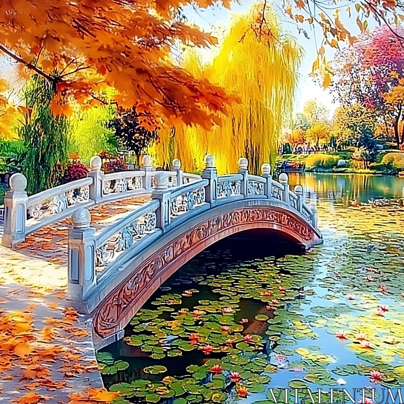 Scenic Autumn Bridge and Lily Pond