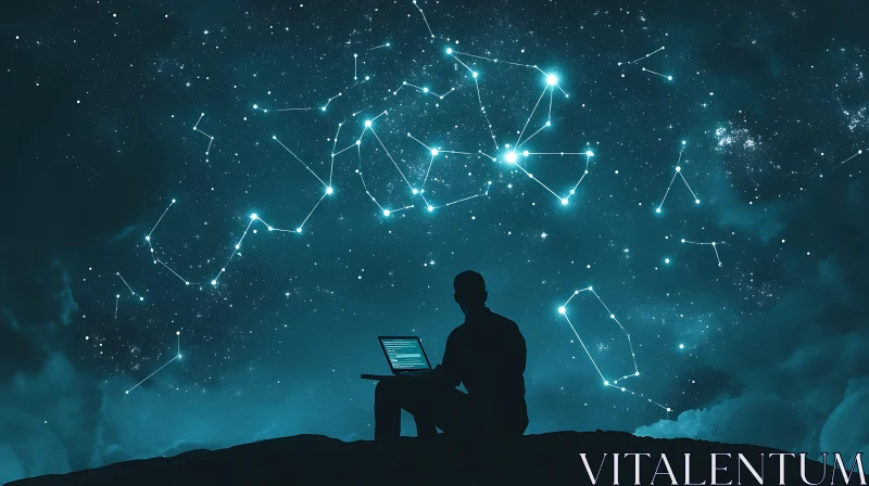 Man with Laptop Under Starry Sky