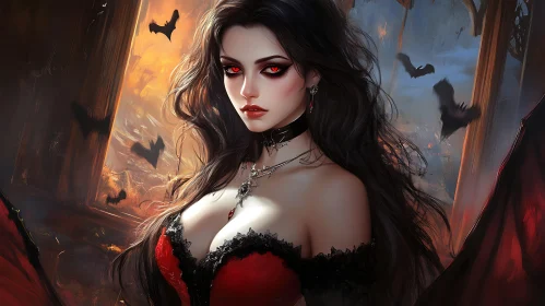 Gothic Vampire Woman in Red Dress