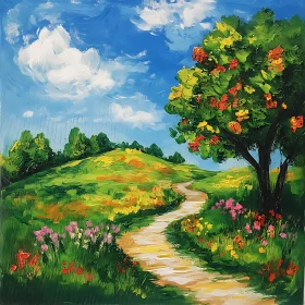 Colorful Meadow Path Oil Painting