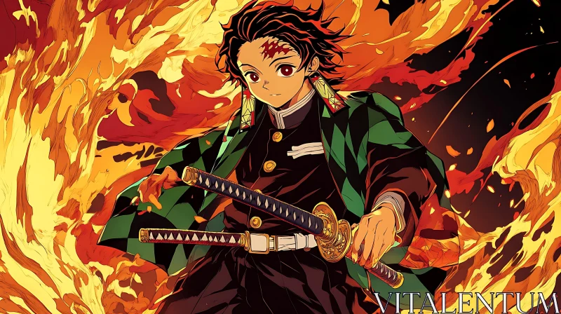 Intense Anime Combat with Flames and Swords