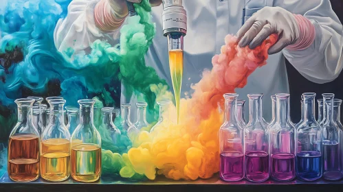 Laboratory Beakers with Colorful Smoke and Liquid