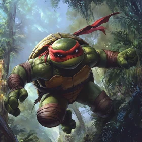 Cartoon Turtle Hero in Forest Action