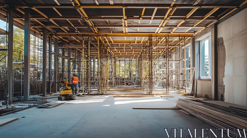 Building Interior Construction with Scaffolding and Machinery