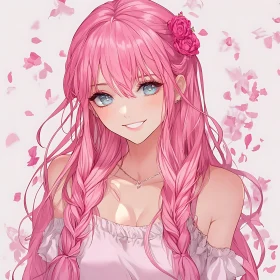 Anime Girl with Pink Braids and Blue Eyes