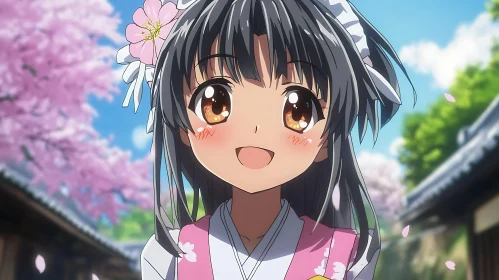 Joyful Anime Girl with Sakura Blossoms