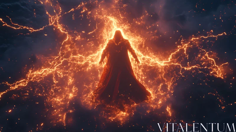 Enigmatic Cloaked Figure in Fiery Aura