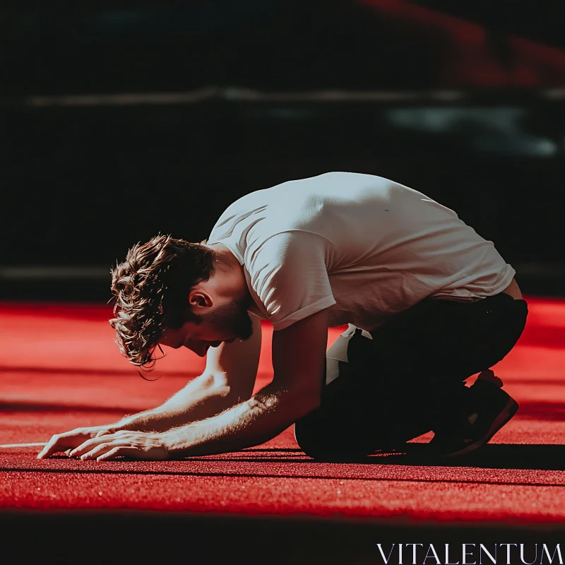 Exhausted Man Kneeling on Red Surface