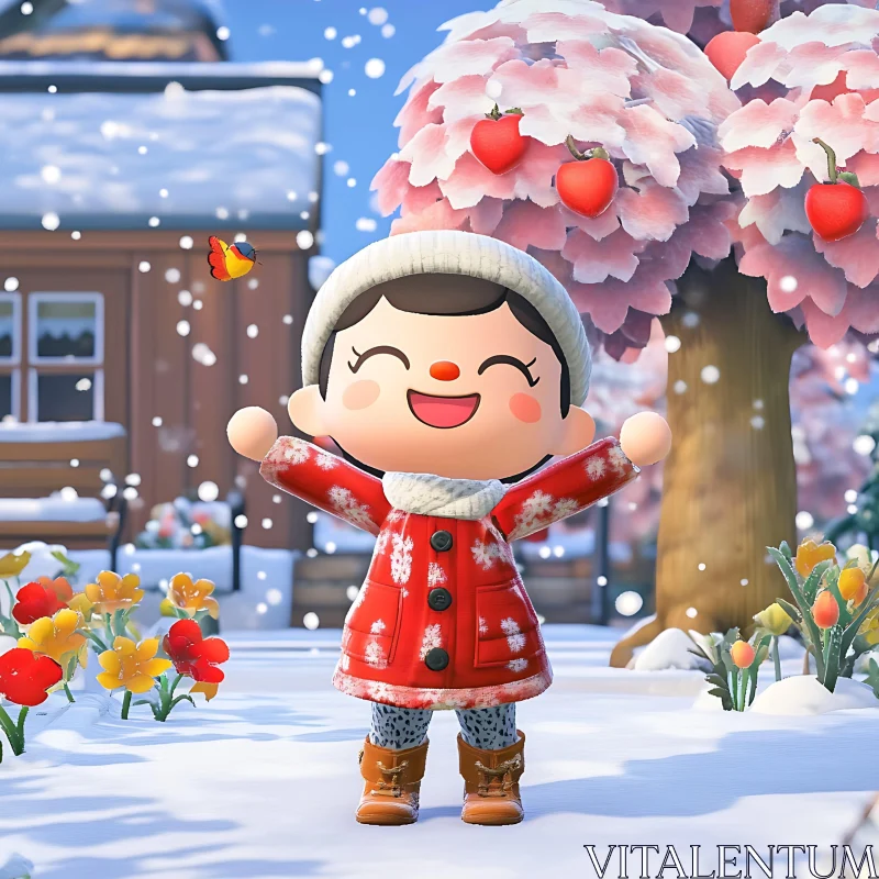 Happy Cartoon Child in Winter Wonderland AI Image