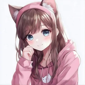 Smiling Anime Girl with Blue Eyes and Cat Ears