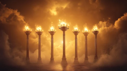 Golden Pillars Under Cloudy Sky