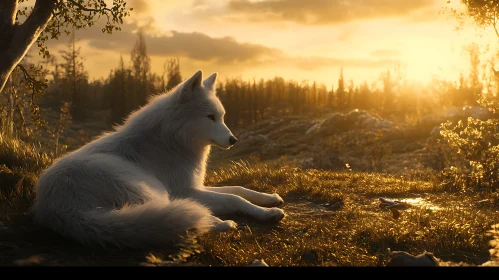 Resting Wolf at Sunset
