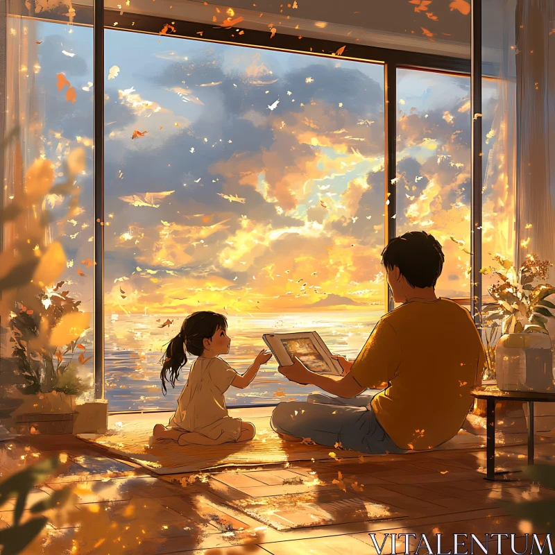 Tranquil Sunset Scene with Father and Daughter AI Image