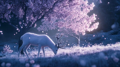White Deer Grazing Under Cherry Blossoms