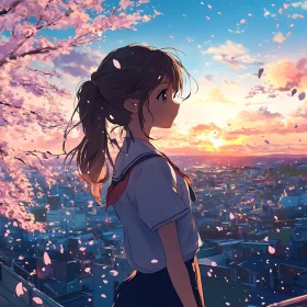 Serene Anime Sunset with Girl and Cherry Blossoms