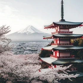 Japanese Pagoda with Cherry Blossoms