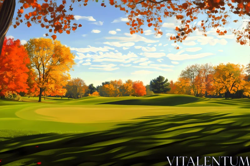 Autumn Landscape with Vibrant Trees and Rolling Green Lawns , AI